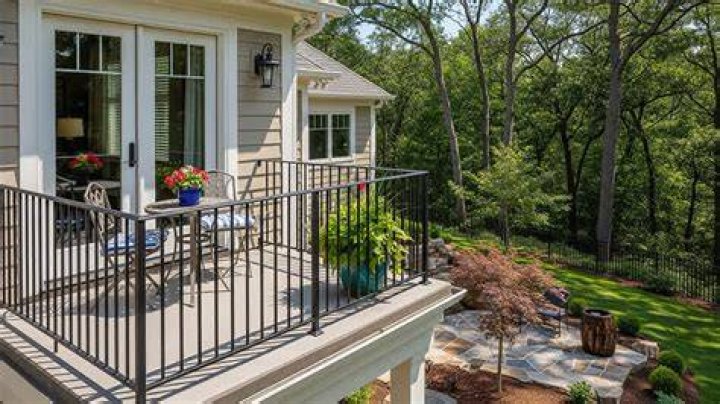 A balcony overlooks the backyard