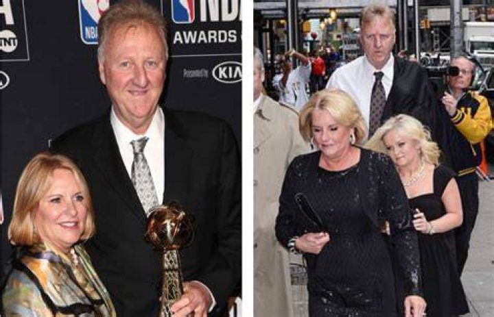 Dinah Mattingly and Larry Bird pose with the 'Lifetime Achievement' award in the press room during the 2019 NBA Awards presented by Kia on TNT at Barker Hangar on June 24, 2019 in Santa Monica, California. | Source: Getty Images