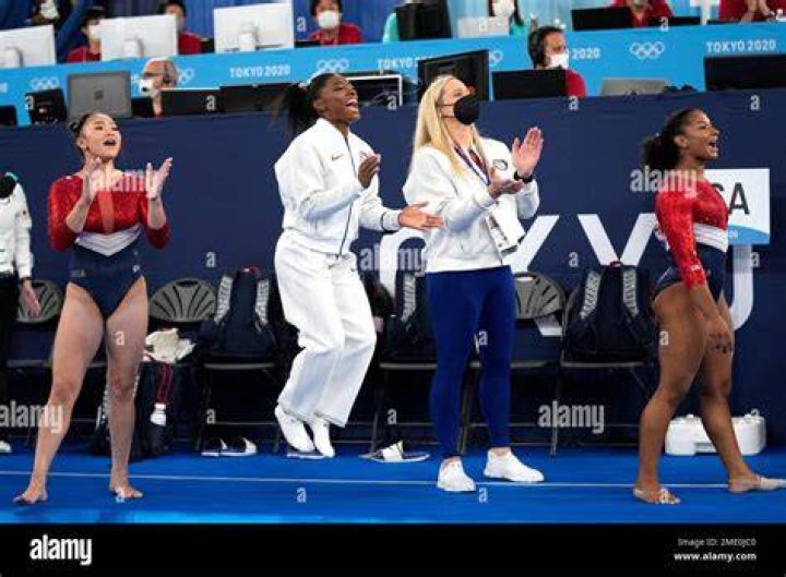 Grace McCallum, Sunisa Lee, Jordan Chiles, Simone Biles, Mykayla Skinner, and Jade Carey (left to right) hit the mat to train at Ariake Gymnastics Centre in Tokyo today