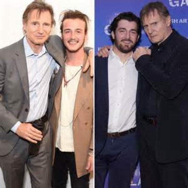 Liam Neeson (waving) with sons Micheal Neeson (3L), and Daniel Neeson (2L), and Joely Richardson arriving for the funeral of actress Natasha Richardson at St. Peter's Lithgow Episcopal Church on March 22, 2009 in Lithgow, New York | Source: Getty Images