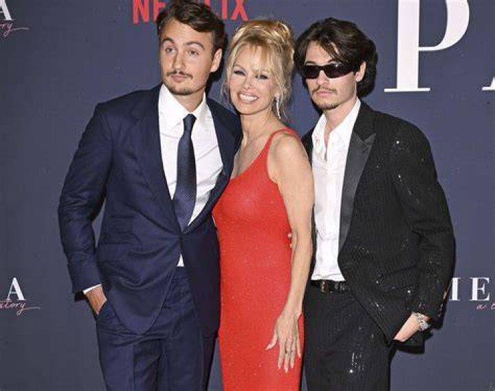 Pamela Anderson with her two children, Brandon and Dylan, whom she shares with her first husband. | Source: Getty Images