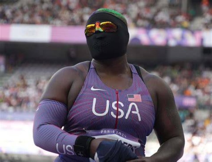 Raven Saunders competing in the women's shot put event on August 1, 2021.