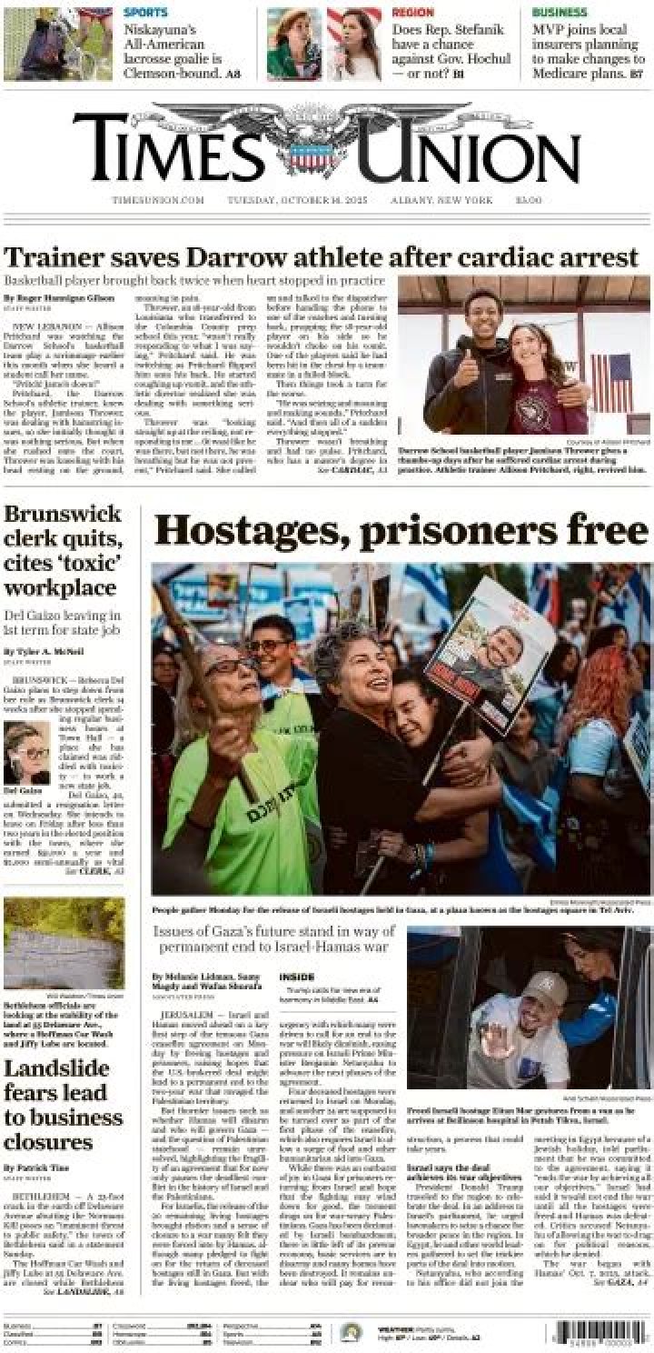The Albany Times Union front page on January 19, 2021.